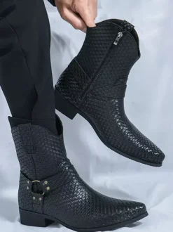 Bottes de cowboy pour hommes bottines en cuir tressé à bout pointu et à talon bas