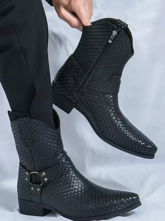 Bottes de cowboy pour hommes bottines en cuir tressé à bout pointu et à talon bas