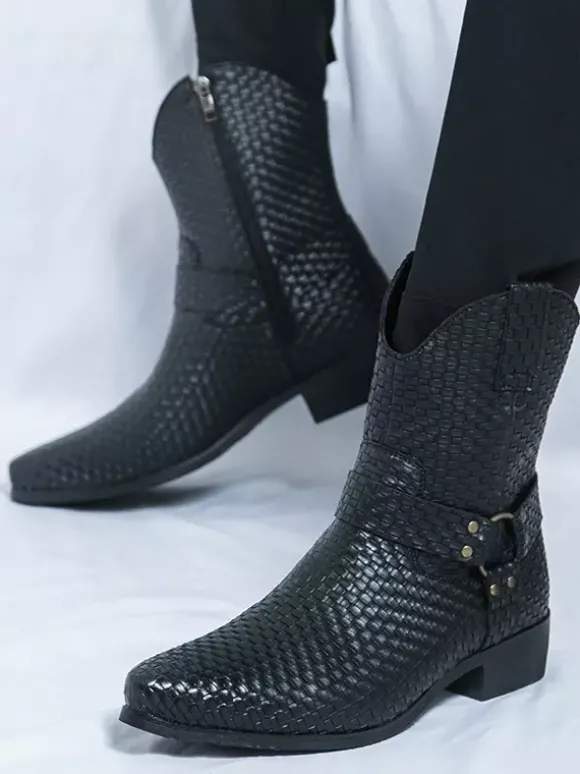 Bottes de cowboy pour hommes bottines en cuir tressé à bout pointu et à talon bas