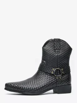 Bottes de cowboy pour hommes bottines en cuir tressé à bout pointu et à talon bas