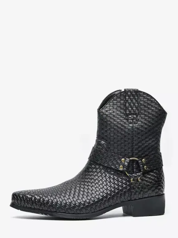 Bottes de cowboy pour hommes bottines en cuir tressé à bout pointu et à talon bas