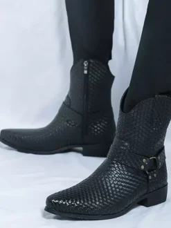 Bottes de cowboy pour hommes bottines en cuir tressé à bout pointu et à talon bas