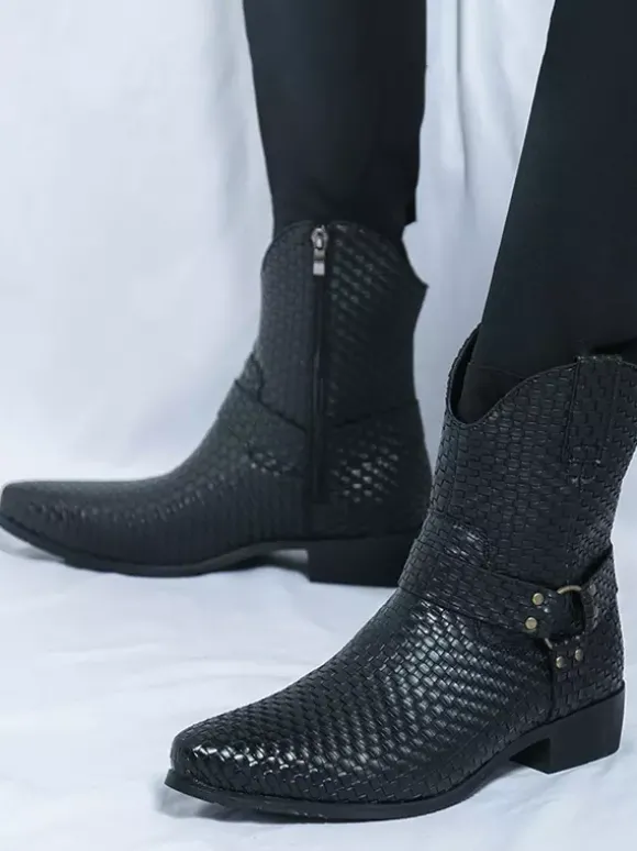 Bottes de cowboy pour hommes bottines en cuir tressé à bout pointu et à talon bas