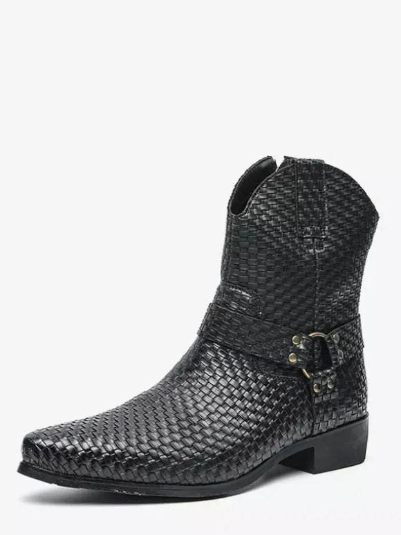 Bottes de cowboy pour hommes bottines en cuir tressé à bout pointu et à talon bas