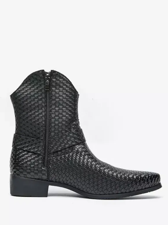 Bottes de cowboy pour hommes bottines en cuir tressé à bout pointu et à talon bas