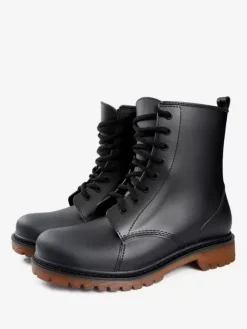 Bottes de pluie pour femmes Bottines imperméables à lacets à bout rond noires