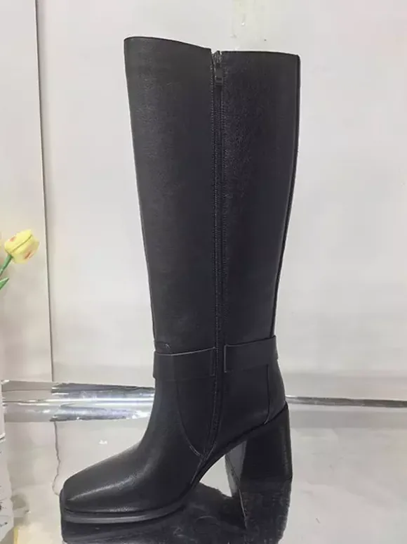 Bottes d'équitation noires pour femmes bout carré boucle talon épais bottes hautes au genou