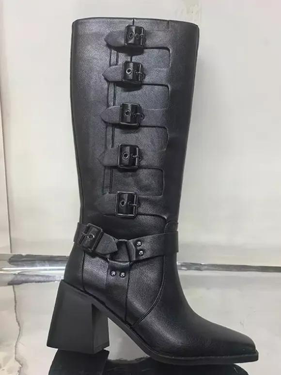 Bottes d'équitation noires pour femmes bout carré boucle talon épais bottes hautes au genou