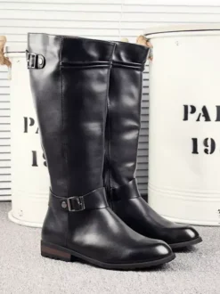 Bottes d'équitation pour homme noires en PU bout rond boucle mi-mollet