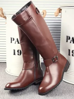 Bottes d'équitation pour homme noires en PU bout rond boucle mi-mollet