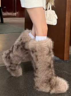 Bottes en fausse fourrure pour femmes bout rond plates montantes jusqu'aux genoux
