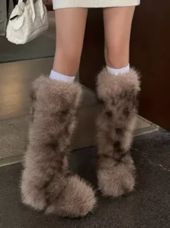 Bottes en fausse fourrure pour femmes bout rond plates montantes jusqu'aux genoux