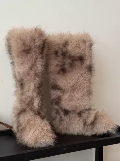 Bottes en fausse fourrure pour femmes bout rond plates montantes jusqu'aux genoux