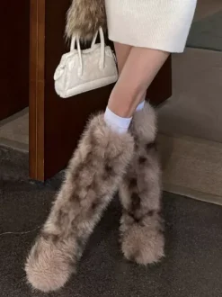 Bottes en fausse fourrure pour femmes bout rond plates montantes jusqu'aux genoux