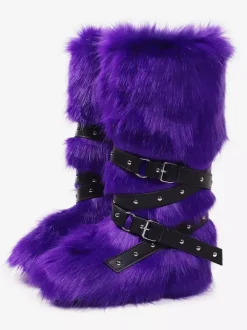 Bottes en fausse fourrure pour femmes bout rond détail boucle bottes plates hautes au genou