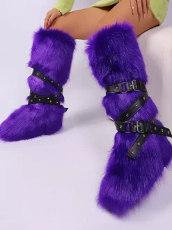 Bottes en fausse fourrure pour femmes bout rond détail boucle bottes plates hautes au genou