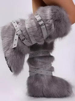 Bottes en fausse fourrure pour femmes bout rond détail boucle bottes plates hautes au genou