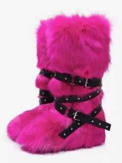 Bottes en fausse fourrure pour femmes bout rond détail boucle bottes plates hautes au genou