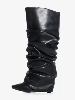 Bottes femme hautes métallisées argentées à bout pointu talon compensé pliable