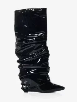 Bottes femme hautes métallisées argentées à bout pointu talon compensé pliable