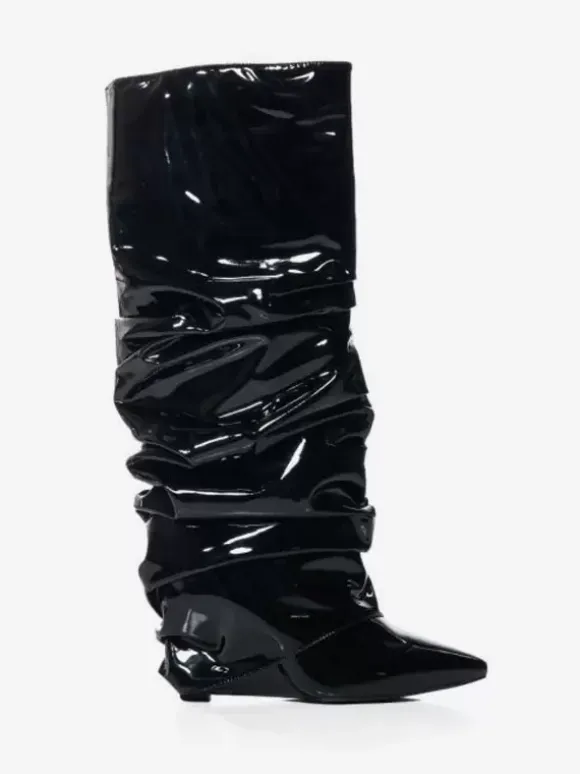 Bottes femme hautes métallisées argentées à bout pointu talon compensé pliable
