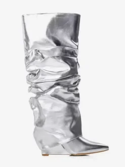 Bottes femme hautes métallisées argentées à bout pointu talon compensé pliable