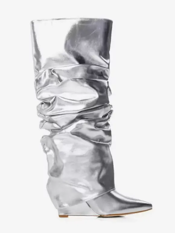 Bottes femme hautes métallisées argentées à bout pointu talon compensé pliable