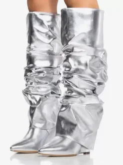 Bottes femme hautes métallisées argentées à bout pointu talon compensé pliable