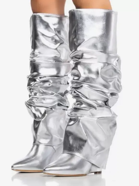 Bottes femme hautes métallisées argentées à bout pointu talon compensé pliable
