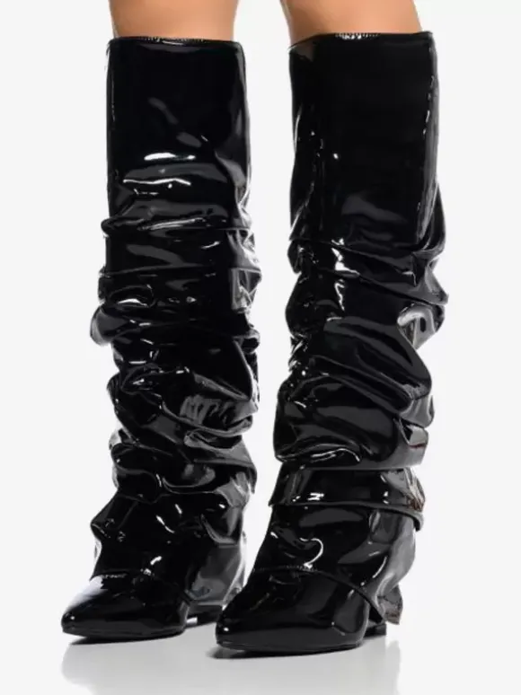 Bottes femme hautes métallisées argentées à bout pointu talon compensé pliable