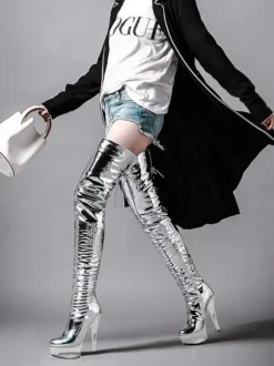 Bottes femme or plateforme transparent talon haut à lacets