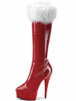Bottes Femmes 2026 Rouge Sexy Plateforme Amande Détail Fourrure Talon Haut Bottes Chaussures d'Hiver