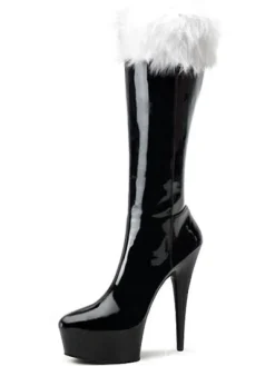 Bottes Femmes 2026 Rouge Sexy Plateforme Amande Détail Fourrure Talon Haut Bottes Chaussures d'Hiver