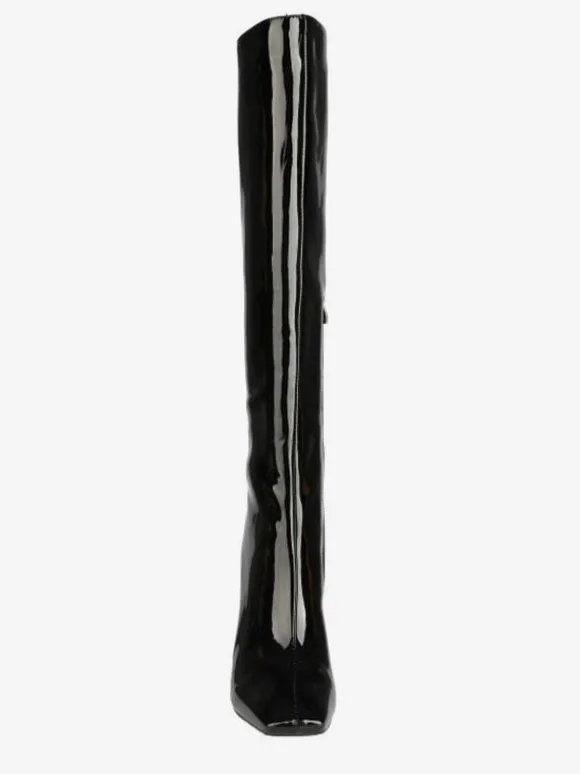 Bottes Gogo hautes en cuir noir à bout carré et talon épais bottes à talons hauts jusqu'aux genoux pour femmes