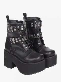 Bottes Gothic Lolita en cuir PU noir à bout rond et talon épais