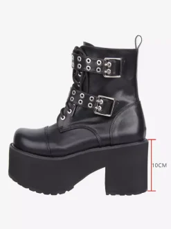 Bottes Gothic Lolita en cuir PU noir à bout rond et talon épais