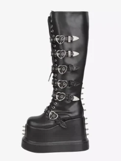 Bottes Gothic Lolita en cuir PU à bout rond et talon compensé noir
