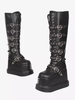 Bottes Gothic Lolita en cuir PU à bout rond et talon compensé noir