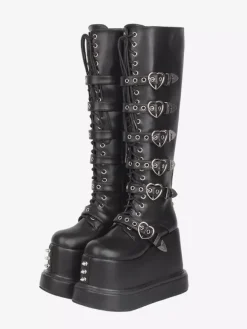 Bottes Gothic Lolita en cuir PU à bout rond et talon compensé noir