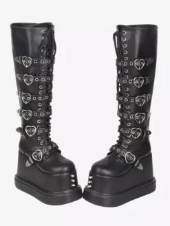 Bottes Gothic Lolita en cuir PU à bout rond et talon compensé noir