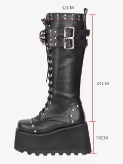 Bottes Gothic Lolita en cuir PU à bout rond et talon compensé noir