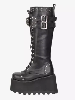 Bottes Gothic Lolita en cuir PU à bout rond et talon compensé noir
