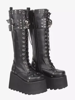 Bottes Gothic Lolita en cuir PU à bout rond et talon compensé noir