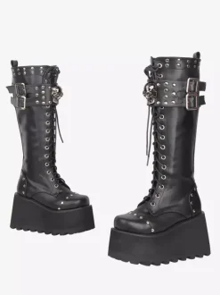 Bottes Gothic Lolita en cuir PU à bout rond et talon compensé noir