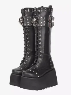 Bottes Gothic Lolita en cuir PU à bout rond et talon compensé noir