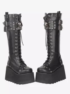 Bottes Gothic Lolita en cuir PU à bout rond et talon compensé noir