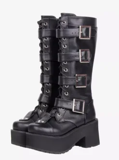 Bottes Gothic Lolita noires à bout rond en cuir PU à talon épais montantes jusqu'aux genoux