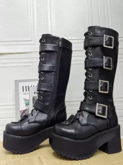Bottes Gothic Lolita noires à bout rond en cuir PU à talon épais montantes jusqu'aux genoux
