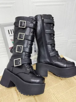 Bottes Gothic Lolita noires à bout rond en cuir PU à talon épais montantes jusqu'aux genoux