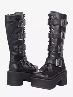 Bottes Gothic Lolita noires à bout rond en cuir PU à talon épais montantes jusqu'aux genoux